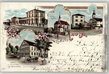 97922 W6970 Lauda 1898 Lithographie Marien-Kapelle Gasthaus zur Eisenbahn Bahnhof