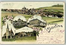 Milicin Miltschin 1902 Gebrauchsspuren Lithograpie Kirche Schule Kapelle