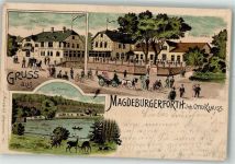 39291 O3271 Magdeburgerforth Lithographie Neues Gasthaus Eichberge Altes Gasthaus Bahnpost Burg