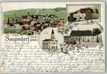 01855 O8361 Saupsdorf 1902 Lithographie Schule Kirche Gasthaus Henke