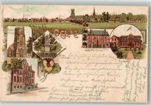 59302 W4740 Oelde , Westf 1898 Lithographie Kath. Kirche Kath. Pfarrhaus Gasthaus Schützenhof Amtshaus Bahnpost -Hannover Zug 29