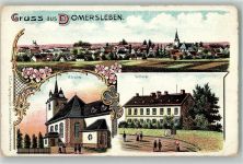 39164 O3101 Domersleben Gebrauchsspuren Lithographie Kirche Schulhaus