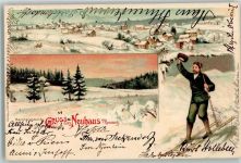 98724 O6420 Neuhaus am Rennweg Winterlithographie Skiläufer Bernhardsteich R.S. Adresse Prinzessin Adolf von Schwarzburg-Rudolstadt