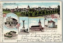 03185 O7520 Peitz 1904 Lithographie Peitz anno 1891 Kriegerdenkmal Rathaus Festungs-Turm Stadtkirche Befestigungsmauer