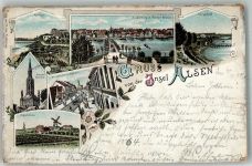 Sonderburg Sonderborg 1898 Gebrauchsspuren Düppel- Denkmal Düpppel- Mühle Kurhaus Insel Alsen Lithographie