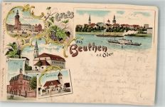 Beuthen a. d. Oder Bytom Odrzanski 1898 Gebrauchsspuren ev. Kirche Postamt kath. Kirche Marktplatz Lithographie