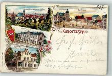 04539 O7222 Groitzsch b Pegau 1899 Lithographie Bahnhof Rathaus Gasthaus zur Wiprechtsburg Marktplatz Wappen Bahnpost -Meuselwitz Zug 2365