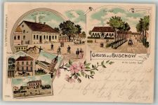 14715 O1831 Buschow 1899 Lithographie Gutshof Bahnhof Postamt Gasthaus Müller Pferdestraßenbahn