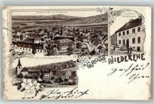 54579 W5538 Niederehe Lithographie Pfarrkirche mit Ehem. Kloster Gasthaus Schramm