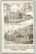 86150 W8900 Göggingen , Bay 1908 Gebrauchsspuren Brandkatastrophe Zerstörte Nähfaden-Fabrik Nacht vom 2. auf 3. Januar 1908 Zeichnung