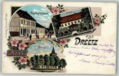 18249 O2621 Dreetz b Bützow 1910 Lithographie Gutshof Dorfkirche Gasthaus Dibbert