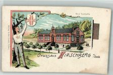 07927 O6553 Hirschberg , Saale 1907 Gebrauchsspuren Lithographie Turner Turnerwappen Neue Turnhalle