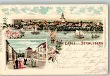 15344 O1260 Strausberg 1915 Lithographie Landsberger Tor R.S. Rot Kreuz-Vereinslazerett-Stempel