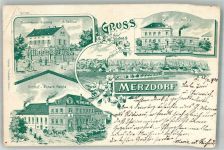 04932 O7901 Merzdorf b Elsterwerda 1900 Gebrauchsspuren Vorläufer Lithographie Gasthaus Reiche Materialwaren Gelbhaar Schulhaus