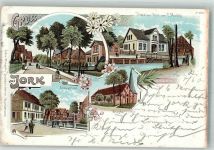 21635 W2155 Jork , Niederelbe 1901 Lithographie Amtsgericht Hotel zur Post Dorfstasse Kirche