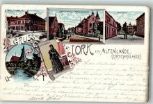 21635 W2155 Jork , Niederelbe 1905 Lithographie Altländer Tracht Hotel Altländer Hof Hauptstrasse Sparkasse Marktplatz Kirschenland