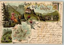 82496 W8106 Oberau , Loisach 1898 Lithographie Oberau Kirche Rinderweide Rinderhirt Alpspitze Zugspitze Landkarte Verlag Ottmar Zieher-München