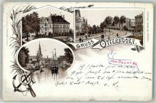21762 W2178 Otterndorf , Niederelbe 1897 Gebrauchsspuren Lithographie Anker Ruderrad Hafen Segelschiff Dorfstrasse