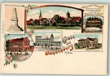 29451 W3138 Dannenberg Elbe Lithographie Bahnhof Bahnhofhotel Prochaska-Denlmal Johanniter-Krankenhaus Wappen