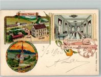 58507 W5880 Brügge , Westf 1903 Lithographie Hotel Tasche Gesellsschaftssaal Billardtisch Kirche Bahnpost Hagen-Dieringhausen Stauchung