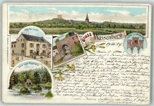 41849 W5143 Wassenberg 1897 Gebrauchsspuren Lithographie Hotel Graab Rosstor Wappen Am Marienbruch