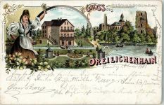 63303 W6072 Dreieichenhain 1901 Gebrauchsspuren Lithographie Pension zur Krone Pavillon Burgruine Trachtenmädchen