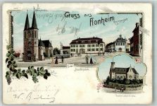 55237 W6509 Flonheim Gebrauchsspuren Lithographie Marktplatz Denkmal Ev. Kirche Kath. Kirche