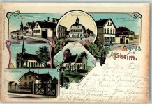 67577 W6526 Alsheim , Rheinhess 1904 Lithographie Kath. Kirche Rathaus Ev. Kirche Kindergarten Geschäftshaus Wedel