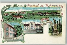 67590 W6529 Monsheim , Rheinhess Lithographie Bahnhof Kriegerdenkmal Gasthaus zum Zeltertal