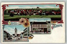 55288 W6501 Udenheim , Rheinhess 1912 Lithographie Warenhaus Zaun Marktplatz Stadtturm