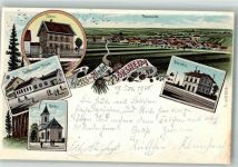 67592 W6523 Nieder-Flörsheim 1900 Lithographie Schule Gasthaus zum Hirsch Kirche Bahnhof