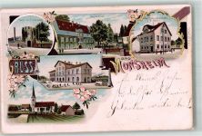 67590 W6529 Monsheim , Rheinhess 1901 Lithographie Schloss Bahnhof Gasthaus zur Eisenbahn