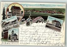 67592 W6523 Nieder-Flörsheim 1900 Lithographie Schule Gasthaus zum Hirsch Kirche Bahnhof