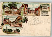 55286 W6501 Wörrstadt 1901 Lithographie Neunröhren-Brunnen Hauptstrasse Höhere Bürgerschule Rathaus Bahnpost Mainz-Kirchheimbolanden Zug 432