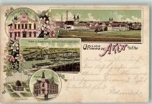 06385 O4372 Aken 1899 Lithographie E-Werk Hafen- und Lagerhaus Aktiengesellschaft Bismarckeiche Postamt