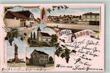 55234 W6509 Albig Lithographie Kriegerdenkmal Schule Ev. Kirche Gasthaus Gräf
