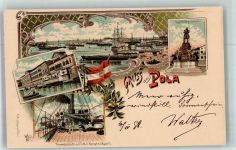 Pula Pola 1898 Lithographie Hafen Denkmal Tegetthoff S.M,S. Kronprinz Rudolf