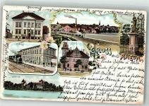 33428 W4834 Rheda 1908 Lithographie Bahnhof Schloss Post Kriegerdenkmal