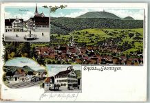 72760 W7410 Gönningen , Kr Reutlingen 1906 Lithographie Bahnhof Marktplatz Marktbrunnen Gasthaus zur Krone