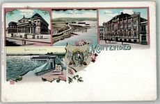 Montevideo Gebrauchsspuren Theater Schwimmbad Strand Arena Wappen Lithographie