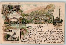 Mostar Lithographie Römerbrücke Serbische Kirche Moschee