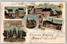 Seidenberg Zawidów 1900 Lithographie Kriegerdenkmal Kath. Kirche Amtsplatz Ev. Kirche Marktplatz