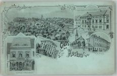 Hostau Hostoun Gebrauchsspuren Postamt Hotel zum schwarzen Adler Geschäft Schule Kirche Lithographie