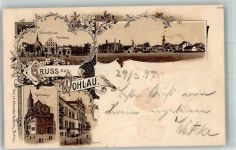 Wohlau Wolów 1897 Lithographie Kaserne Unteroffiziersschule Rathaus Gymnasium Bahnpost Breslau-Stettin Zug 1007