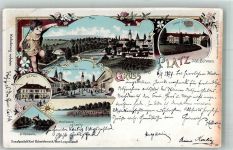 Misto Platz 1899 Gebrauchsspuren Engel Postamt Rathaus Holzfässerei Schloss Lithographie