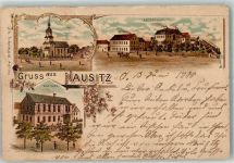 06571 O4731 Nausitz 1900 Lithographie Rittergut Gasthaus Dorfkirche