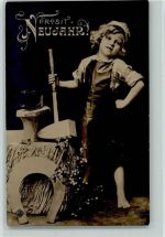Neujahr - Kind als Schmied, Hufeisen, AK Schmied 1909 Foto AK