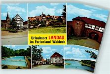 34454 W3548 Landau , Waldeck - Rückseite mit Abschürfungen bzw Kleberesten Fachwerkhaus Schwimmbad