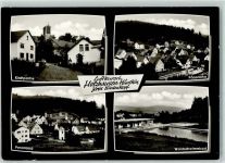 35232 W3563 Holzhausen am Hünstein Gebrauchsspuren Rückseite mit Abschürfungen und Kleberesten Kirchpartie Waldschwimmbad