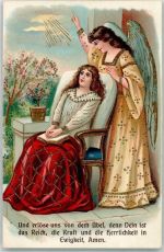 Engel Frau Buch Blumen Lithographie Tod Prägedruck